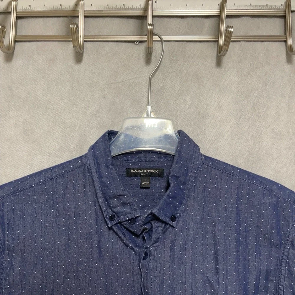 Banana Republic Shirt Men's L Blue Chambray Denim Geometric‎ AOP Slim Button Up